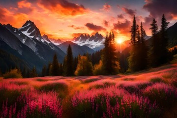 A serene alpine meadow surrounded by towering peaks, the evening sky ablaze with the colors of a breathtaking sunset - obrazy, fototapety, plakaty