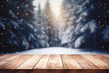 Fotobehang Empty table in beautiful winter landscape, wood plank board in snow mountain outdoor comeliness © Summit Art Creations