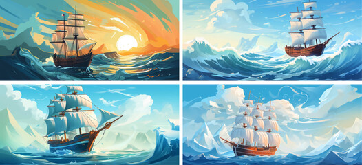sea ocean nature art illustration sail landscape water wave boat sky travel blue ship background  - obrazy, fototapety, plakaty