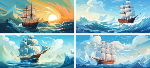 Poster sea ocean nature art illustration sail landscape water wave boat sky travel blue ship background  © shabanashoukat49