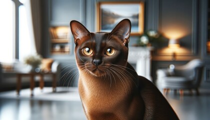 Close-up photograph of a Burmese cat (Felis catus) in an elegant interior, showcasing glossy sable brown fur and expressive gold eyes.
