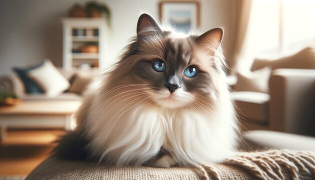 Close-up photograph of a Ragdoll cat (Felis catus) in a home setting, featuring long, silky fur and striking blue eyes.
