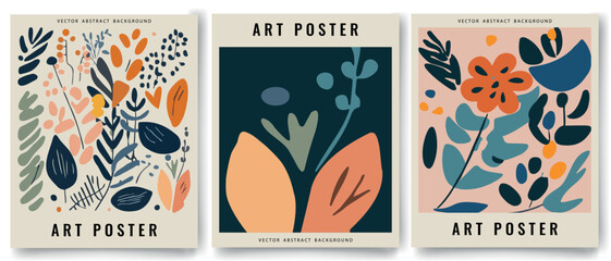 Natural hand drawn pattern drawing with abstract shapes, strokes, flowers and leaves. Simple illustrated modern style. Design for wall poster, print, cover, banner. Vector art illustration.