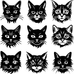 Cute cartoon cat doodle set, funny vector icons. Hand drawn sketch style of cat face symbols.