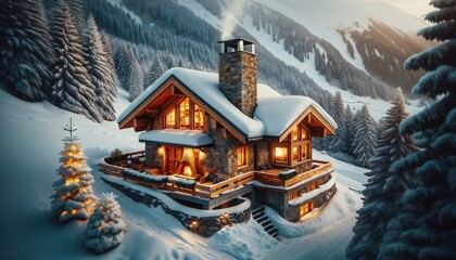 Rustic Winter Retreat, Cozy Mountain Cabin, Warm Lights, Snow-Covered Landscape, Serene Atmosphere, Tranquil Winter Getaway - Generative AI