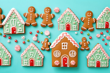 Gingerbread cookies with gingerbread man, houses and Christmas decorations on blue background.