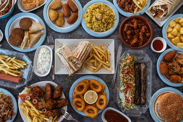 Assortment of various fast food dishes