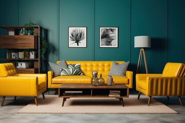 Living room interior design with yellow sofas, lamp at side, shelf and wodoen floor. Created with Ai