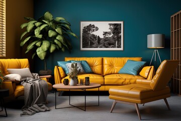 Modern living room with blue walls, yellow sofa and plants. Created with Ai