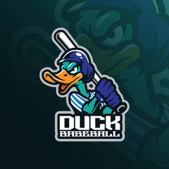 Duck mascot logo design vector with concept style for badge, emblem and t shirt printing. Smart duck illustration with stick in hand.