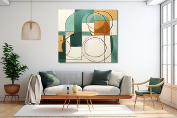 Modern interior design of livingroom with wooden floor, sofa, painting and window. Created with Ai