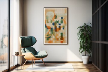Living room interior design with white walls, green armchair and painting. Created with Ai