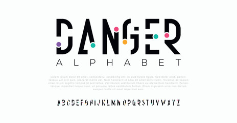 DANGER Modern abstract digital alphabet font. Minimal technology typography, Creative urban sport fashion futuristic font and with numbers. vector illustration. - obrazy, fototapety, plakaty