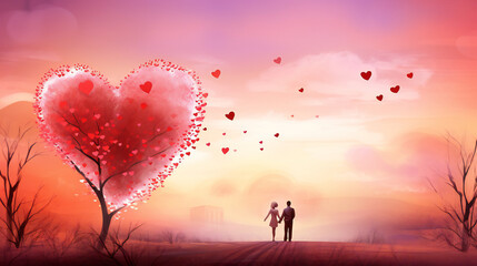 Valentines day background banner abstract panorama background with red hearts landscape with clouds and sky Valentine's Day background generative ai

