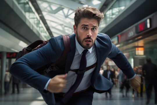 Businessman In Suit Rushes To Work, Symbolizing Success. A Man Is Late For A Flight