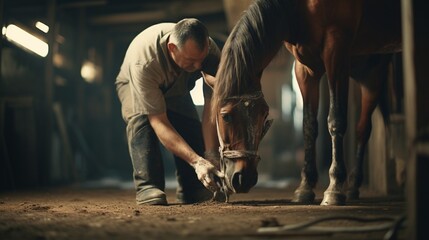 A farrier expertly trims a horse's hooves, ensuring their well-being. - obrazy, fototapety, plakaty
