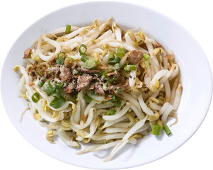 Seasoned bean sprouts with spring onion, fried onion garlic, vegetable, food isolated cutout. Table top view.