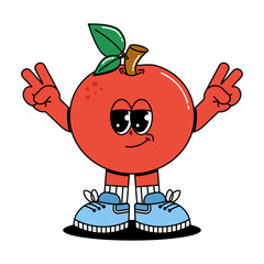 Cute character red Apple in groovy cartoon style. Trendy and modern illustration with funky comic mascot. Fresh fruit. 70s, 80s retro vibes. Vector illustration