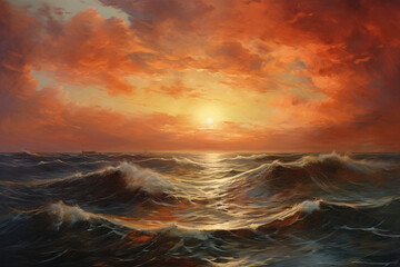 Fototapeta na wymiar Sunset over the ocean, oil painting