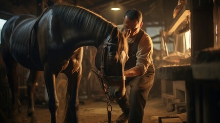 A farrier expertly trims a horse's hooves, ensuring their well-being.