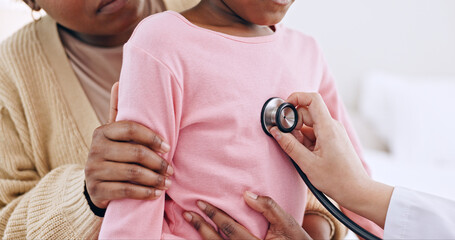 Doctor, child and chest with stethoscope in closeup for examination, medical appointment or checkup...