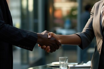 First Job Offer African American Girl Shakes Hands - obrazy, fototapety, plakaty