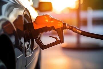 Fueling Car With Closeup Of The Gasoline Nozzle. Сoncept Nature Hike, Sunset At The Beach, Adventure Sports, Cityscape Skyline, Historic Landmarks - obrazy, fototapety, plakaty