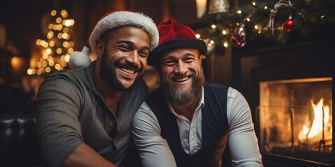 Friends by the fireplace celebrate Christmas, happy new year. Holiday. Generative AI