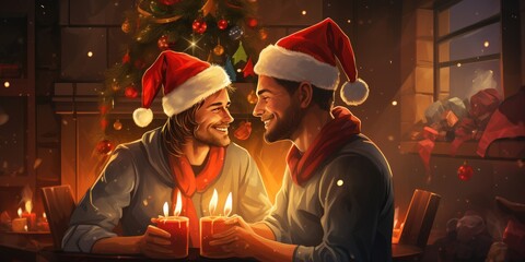 Two happy guys in red hats by the fireplace at home on Christmas Eve, Generative AI