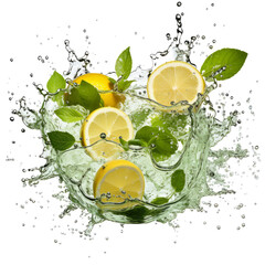 Fresh Lemon and mint leaves with clear water splash isolated on transparent background