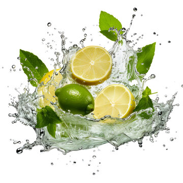 Fresh Lemon and mint leaves with clear water splash isolated on transparent background