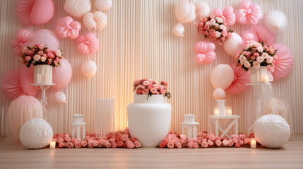 Baby shower party Pink decoration white photo area with birthday balloons generative ai
