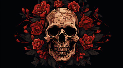 Red rose and skull illustration. Generative AI