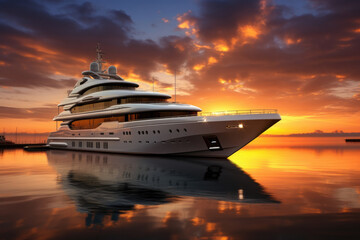 Luxury Yacht At Sunset, Epitome Of Opulent Seafaring. Сoncept Breathtaking Waterfalls, Adventure Travel, Majestic Mountain Landscapes, Serene Beaches