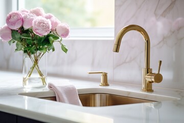Luxury Gold Faucet And Marble Countertop Kitchen Sink - obrazy, fototapety, plakaty