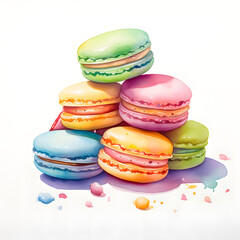 A pile of macarons in various flavors, watercolor style.