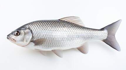  Rohu fish with a red tail fin swimming in White background, generative ai
