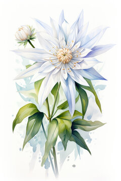 Witness the ballet of the Edelweiss flower in this exquisite watercolor painting against a backdrop of pure white. Delicate hues and meticulous details bring out the flower's intricate charm.
