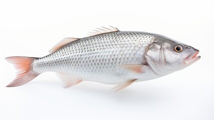  Rohu fish with a red tail fin swimming in White background, generative ai