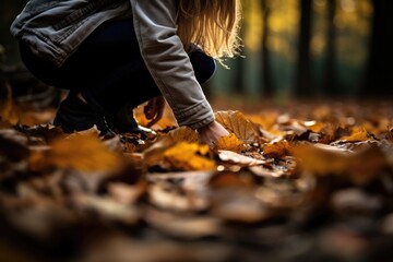 Person Tending To Fallen Leaves In Autumn