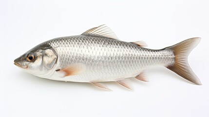 Obraz premium Rohu fish with a red tail fin swimming in White background, generative ai