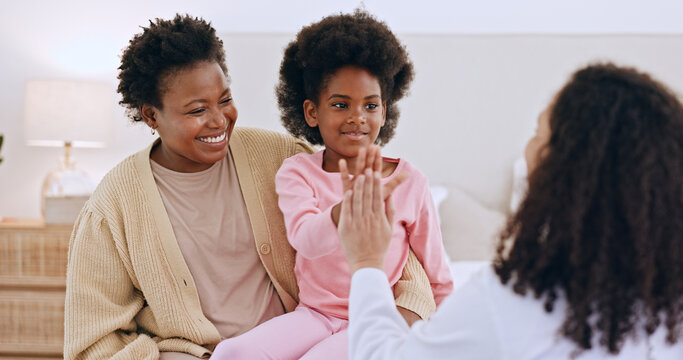 Mother, Daughter Or Doctor And High Five Or Happiness In Bedroom With Support, Trust And Healthcare. Black Family, Women Or Pediatrician With Success Or Smile For Wellness And Health Results