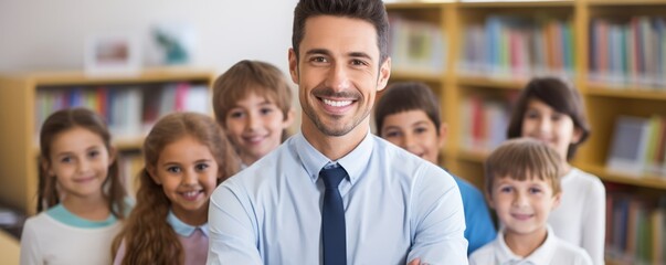 Smiling Male Teacher With Students In Elementary School. Сoncept Nature Photography, Urban Landscapes, Pet Portraits, Family Portraits, Food Photography