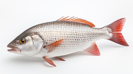 Fototapeta premium Rohu fish with a red tail fin swimming in White background, generative ai