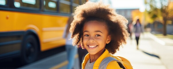 Smiling Girl Ready To Board School Bus. Сoncept Back To School, First Day Of School, School Bus Adventures - obrazy, fototapety, plakaty