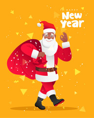 Black Santa Claus is walking with a big bag of gifts on his back. African Santa shows a hand gesture OK. Inscription - Happy New Year.