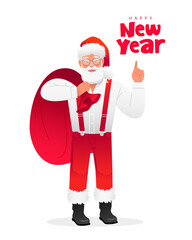 An old fashionable Santa Claus in a white shirt with suspenders holds a large bag of gifts over his shoulder. Lettering - Happy New Year