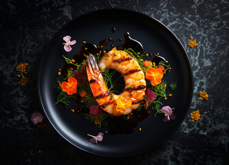 Food fish elegant gourmet black plate top view lunch dinnerdish meal fine dining closeup green sea seafood shrimp beautiful modern - obrazy, fototapety, plakaty
