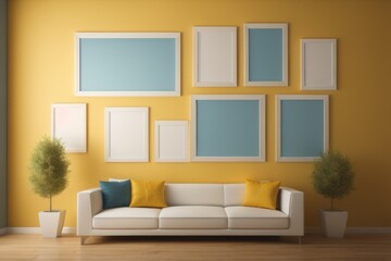 Blank wooden frames over yellow wall 
