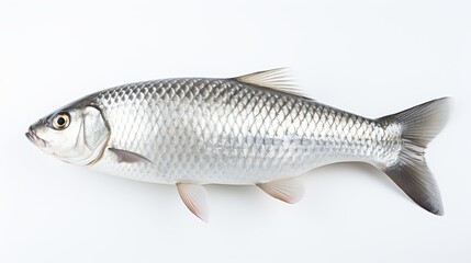 Rohu fish with a red tail fin swimming in White background, generative ai